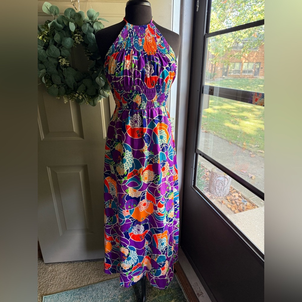 Vintage Keene Sportwear Hawaii tropical smocked halter maxi dress, size small